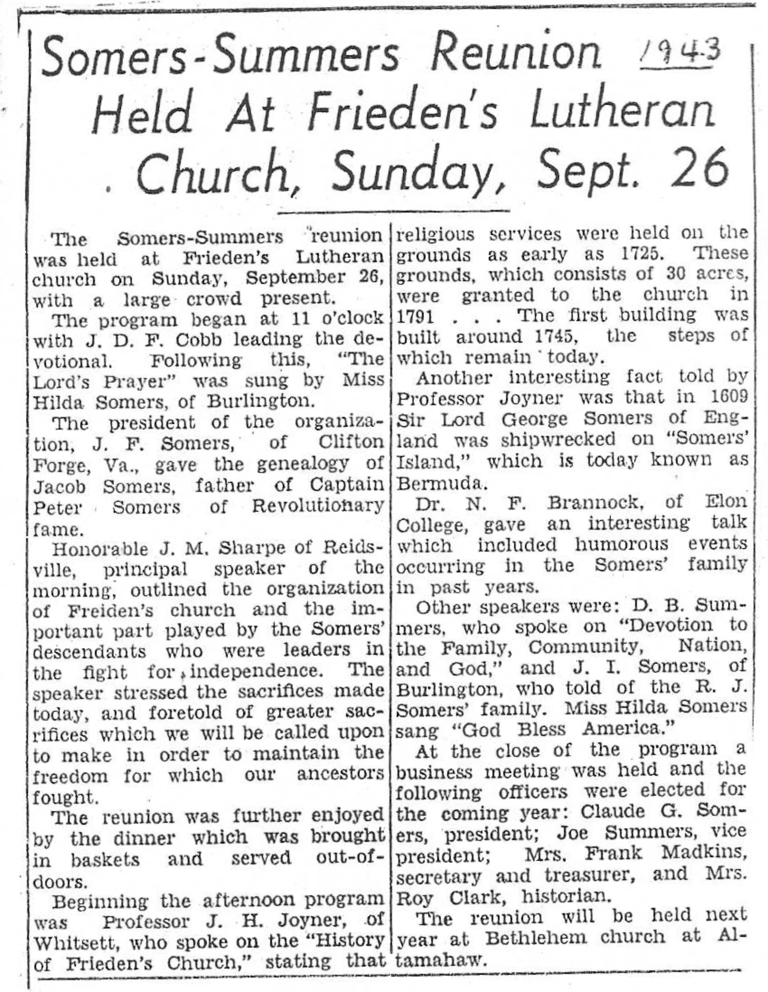 1943 Newspaper
        Clipping of Reunion